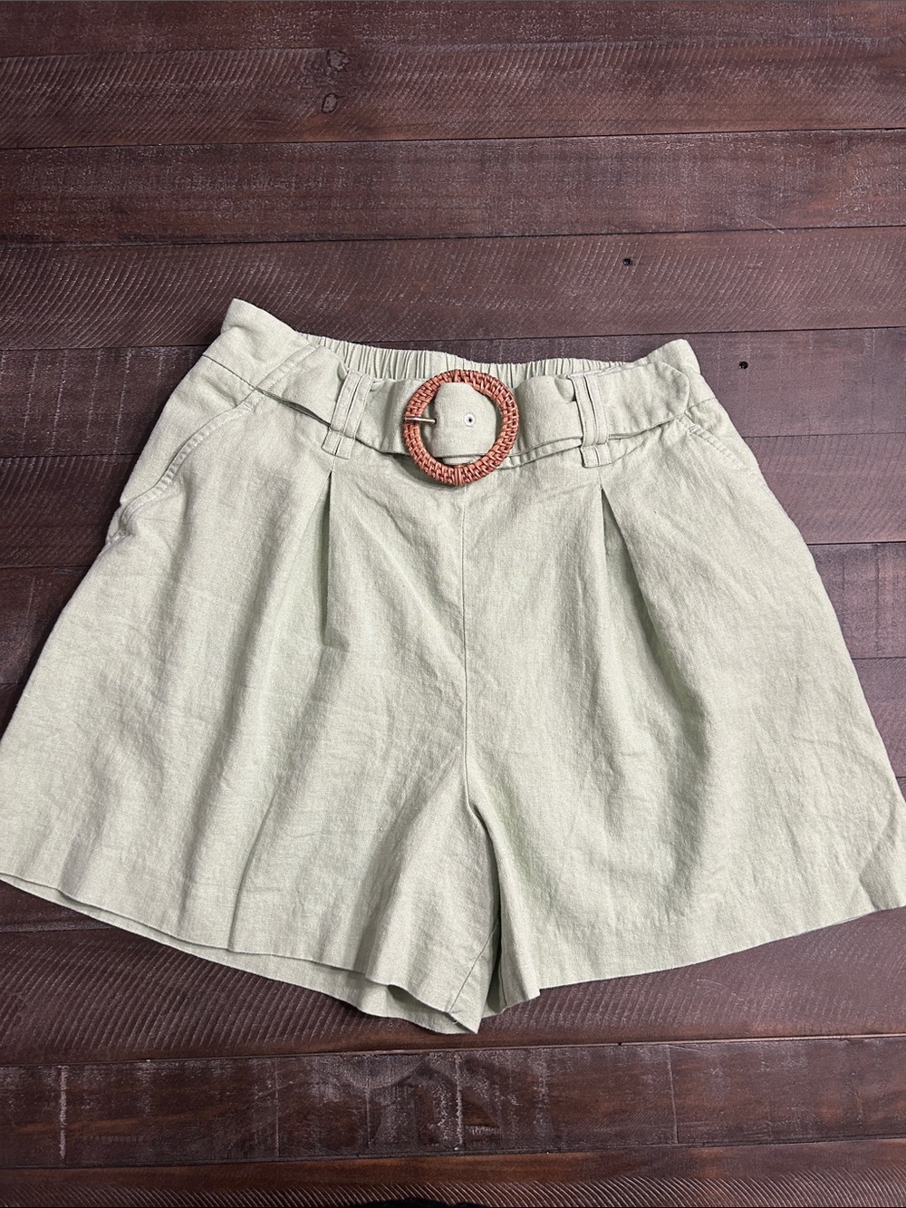 Sigrid Olsen Sage Green Pleated Bermuda Shorts with Woven Buckle Belt